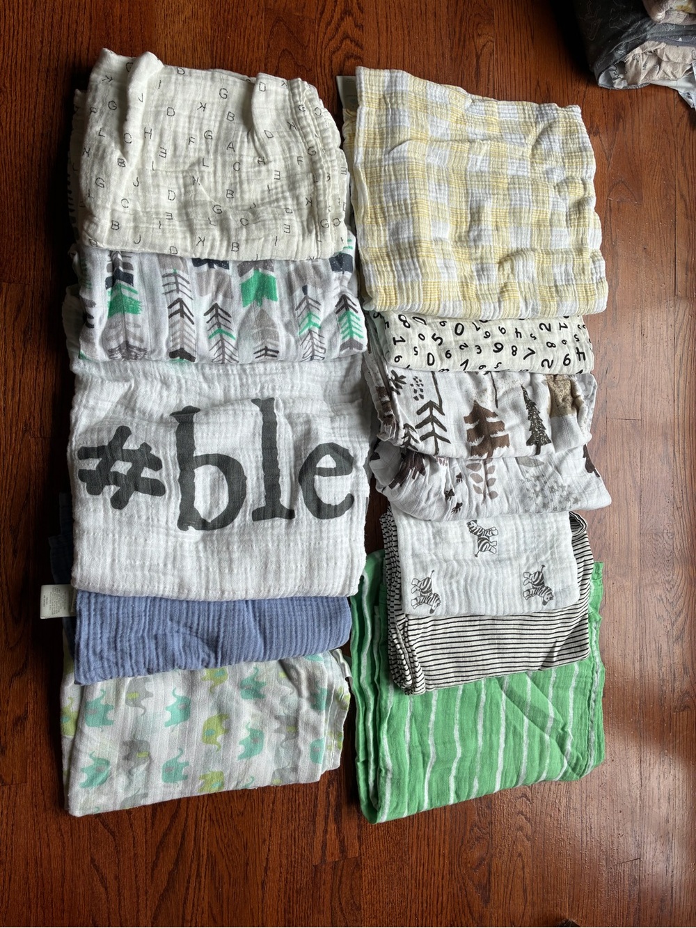 Lot of 10 Muslin Swaddle Receiving Baby Boy Blankets — White, Green, Blue